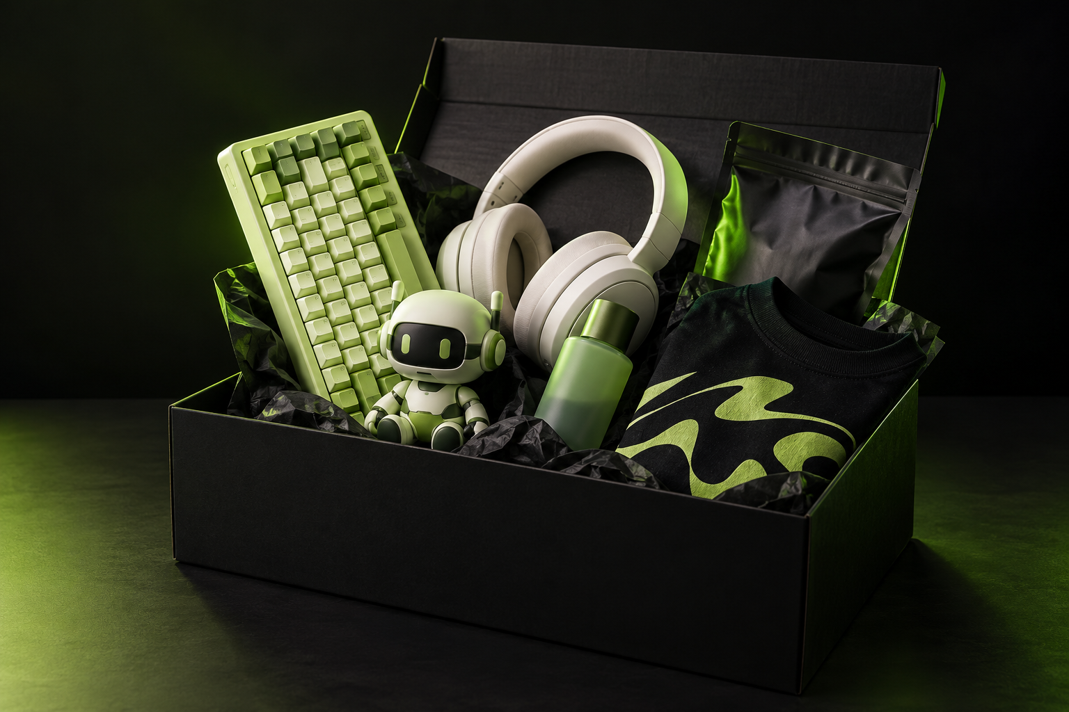 A curated gift box with a keyboard, headphones, collectible and lifestyle products